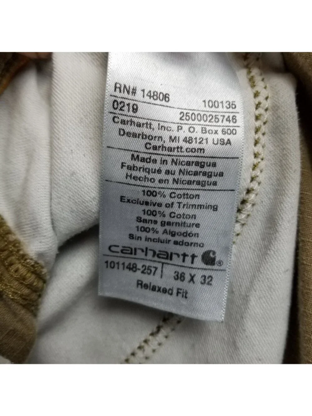 Carhartt Pants Mens 36x32 Tan 100% Cotton Mid Rise Relaxed Fit